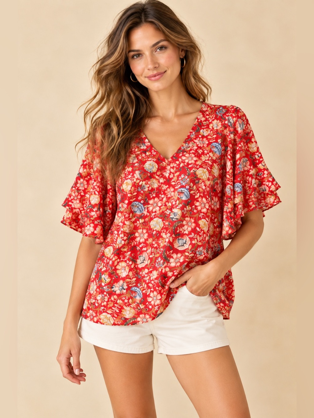 LOFT Red Gold Floral V Neck Blouse Short Ruffle Flutter Bell Sleeve Flowy Top XL